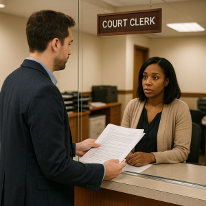 Michigan probate court clerk helping resident with probate documents