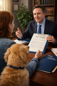 Attorney-showing-client-and-dog-pet-trust-