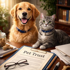 Dog and cat standing over pet trust document