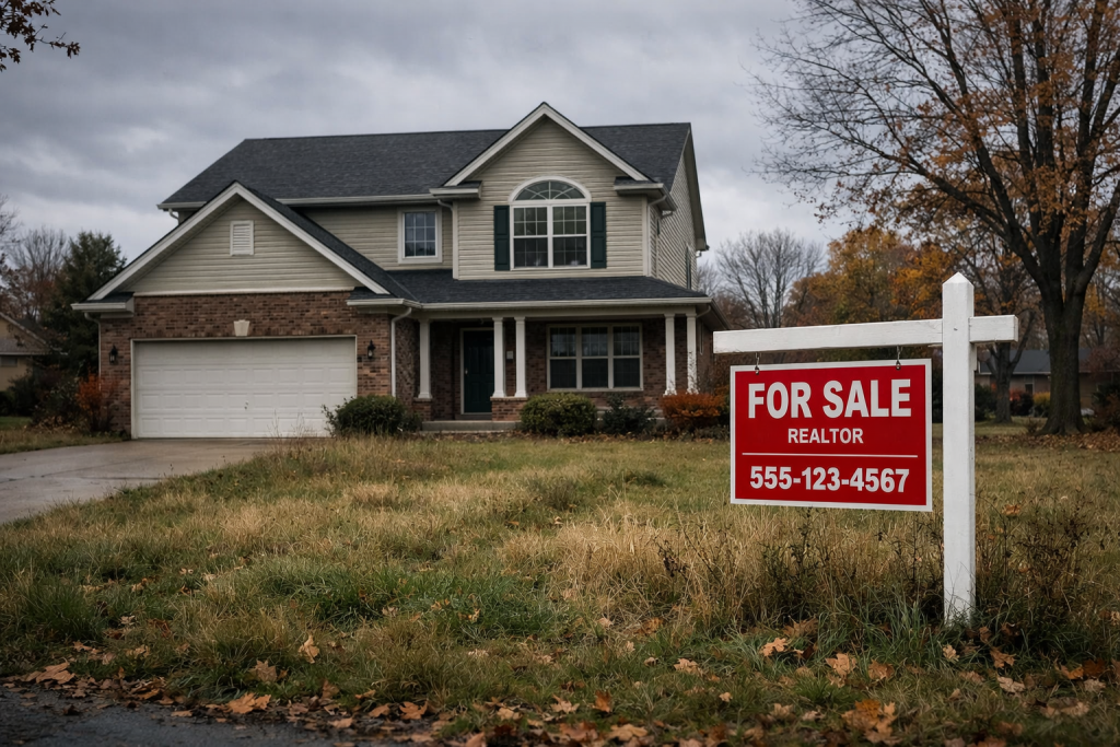 house with for sale sign in front yard