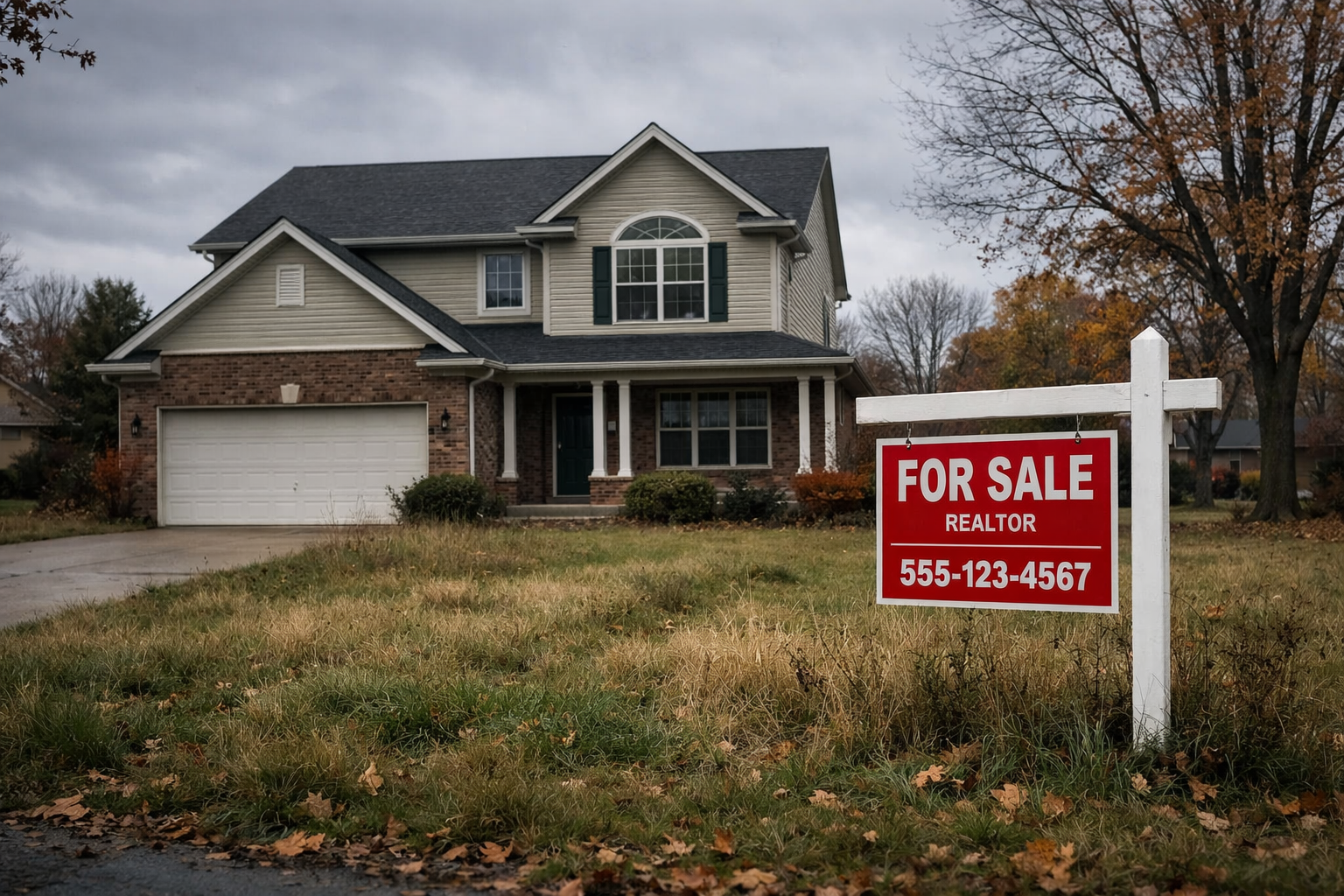 house with for sale sign in front yard